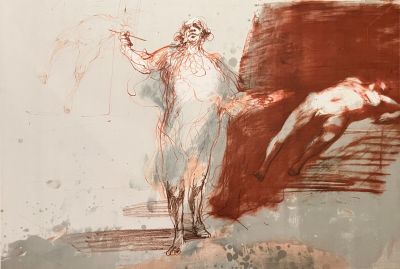 drawing of a man standing in front of a painting of a dog