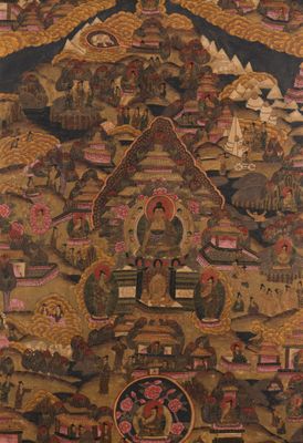 painting on the wall of a buddhist temple with a lot of paintings