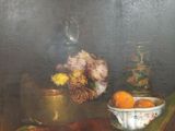 a painting of a bowl of oranges and a vase of flowers on a table