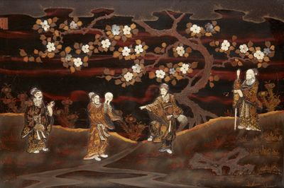 a painting of a group of people standing under a tree