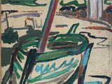 an image of a painting of a boat on a beach