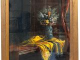 a painting of a vase of flowers on a table