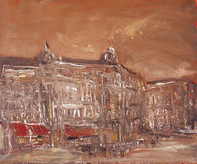 une peinture à l'huile représentant un bâtiment surmonté d'une tour horloge