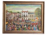painting of a large crowd of people gathered in a town square