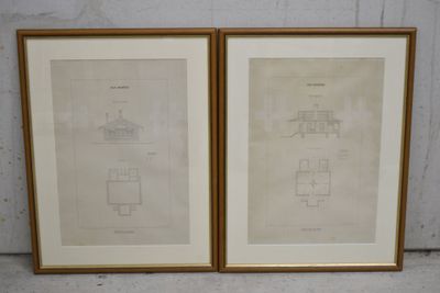 deux reproductions encadrées de plans architecturaux représentant une maison et une cuisine