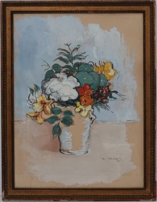 peinture d'un vase de fleurs sur une table à fond bleu