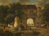 tableau représentant des personnes et des animaux devant un bâtiment