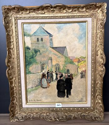 une peinture à l'huile représentant des personnes marchant dans une rue devant une église