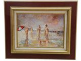 painting of three people on the beach with a red umbrella