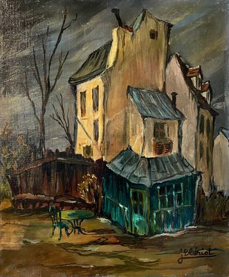 peinture représentant une peinture d'un bâtiment avec un toit végétalisé et un auvent végétalisé