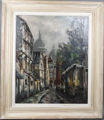une peinture à l'huile représentant une scène de rue avec une église à l'arrière-plan