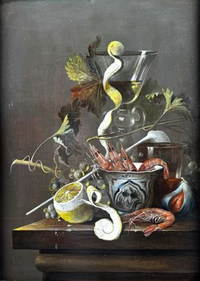a painting of a bowl of food and a glass of wine on a table