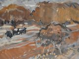 a painting of a horse drawn carriage on a snowy road