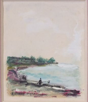 un tableau représentant un homme assis sur un bateau sur l'eau