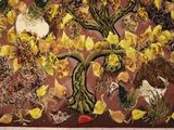 a painting of a tree with yellow flowers and birds on it