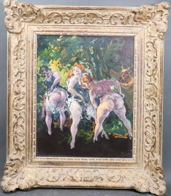 une peinture à l'huile représentant trois nus dans un décor boisé