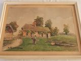 framed picture of a painting of a farm scene with a man and a dog