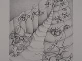 pencil drawing of a desert landscape with cactus plants, rocks, and rocks
