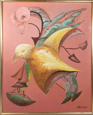 an oil painting of a bird on a pink background with a full moon in the background