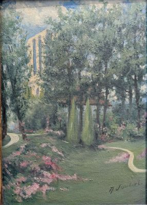 une peinture à l'huile représentant un jardin avec des arbres et des fleurs au premier plan