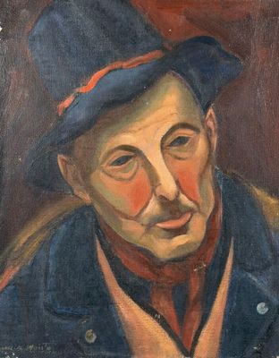 portrait d'un homme portant un chapeau bleu et une écharpe rouge