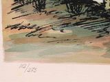 a painting of a house on a hill with trees in the foreground