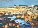 an oil painting of a rocky beach with houses in the background