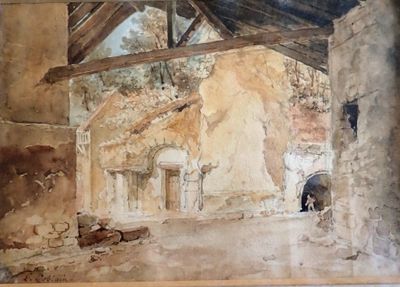 une photo d'un tableau représentant un bâtiment dans lequel se trouve une vache