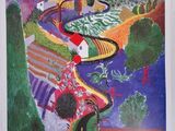 Le tableau de David Hockney représentant un paysage avec une rivière et des collines en arrière-plan