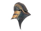 an image of a wooden helmet with gold trims on a white background