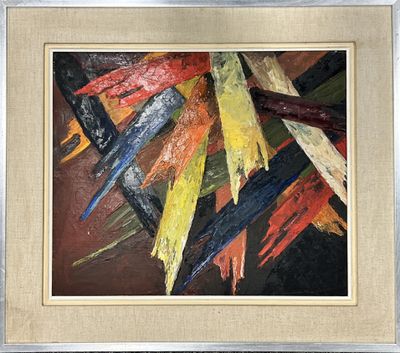 abstract painting of multicolored brush strokes on a brown background