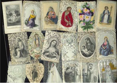 a lot of religious cards with pictures of the virgins