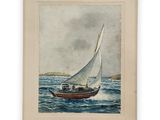 painting of a sailboat in the middle of a body of water