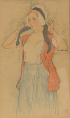 dessin représentant une femme vêtue d'une veste rouge et d'une jupe bleue, tenant un chat dans ses bras