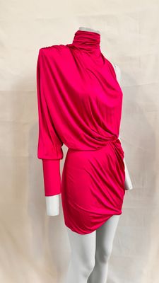 the mannequin is wearing a bright pink dress with a cow neck
