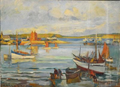 a painting of a harbor scene with boats in the water