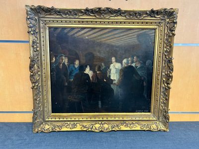 une peinture représentant un groupe de personnes debout dans une pièce