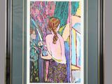 painting of a woman in a pink shirt holding a knife