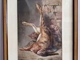 painting of a dead dog laying on the ground next to a pile of shoes