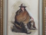 tableau représentant un homme assis par terre, coiffé d'un chapeau et portant une écharpe