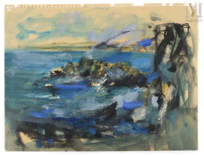 une image d'une peinture représentant une scène de plage avec des rochers et de l'eau