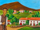 an oil painting of a man walking down a dirt road with a stick