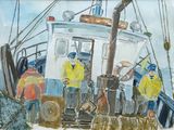 painting of a group of people on a boat in the water