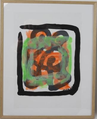 an image of a painting of a square with orange and green paint on it