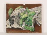 a painting of a bunch of green vegetables on a piece of newspaper