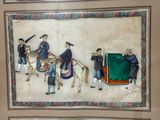 a painting on the wall of a building with people riding on donkeys