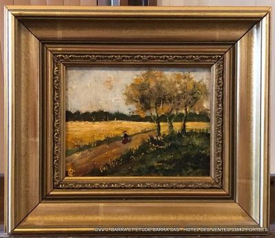 une peinture à l'huile représentant un champ avec des arbres et une personne au loin