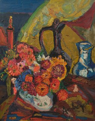 une peinture représentant un vase de fleurs sur une table