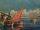 tableau représentant des voiliers dans un port, avec des bâtiments en arrière-plan