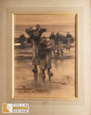 tableau représentant un groupe de personnes marchant sur une plage sous la pluie